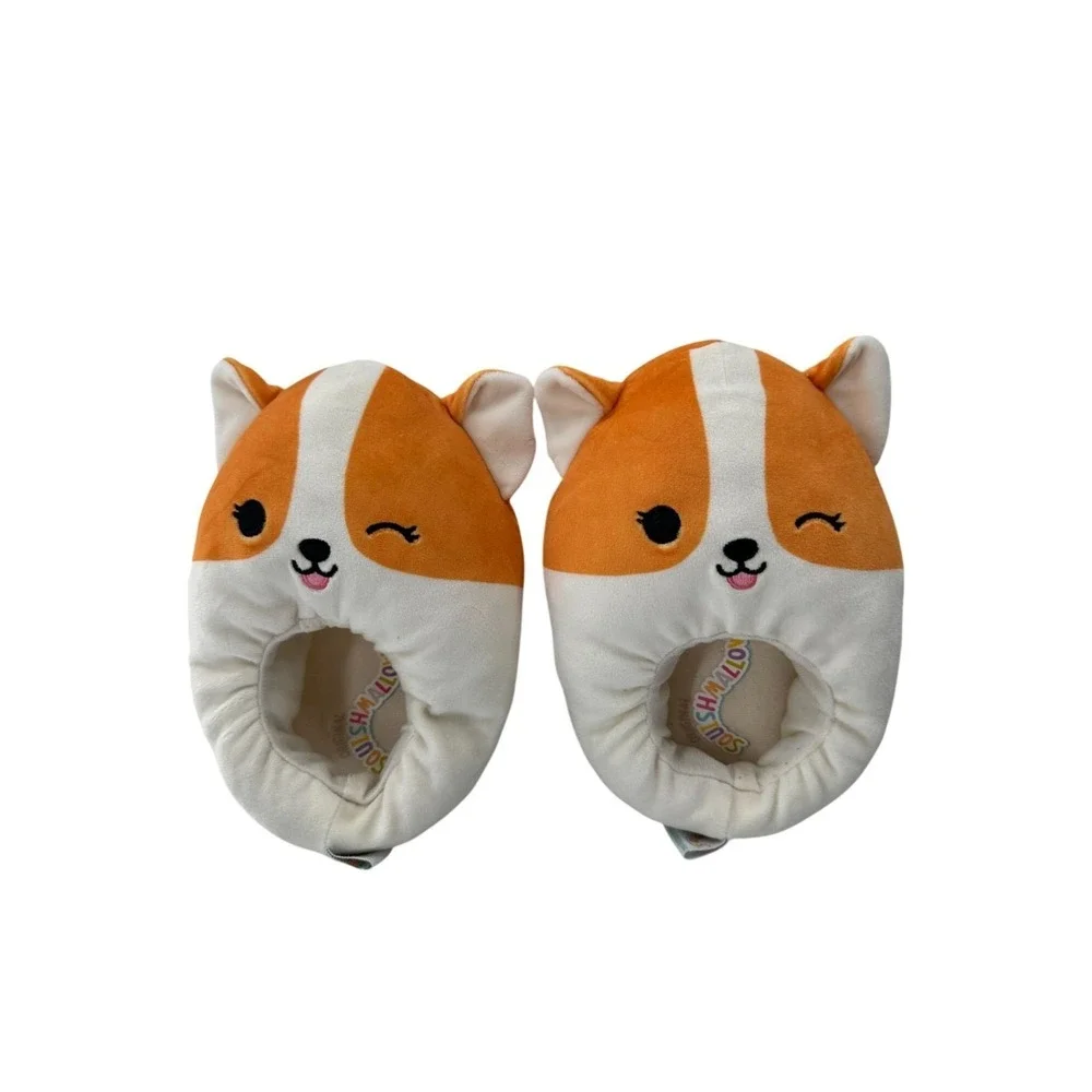Squishmallows Corgi Slippers Size 2-3 Kids Plush Non-Slip Sole Orange White Shoe